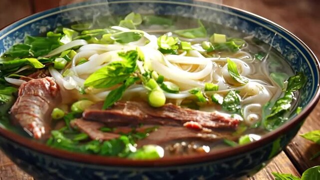 Steaming bowl of pho on a wooden table. Delicious asian noodle soup with beef, herb, and broth for culinary presentation.