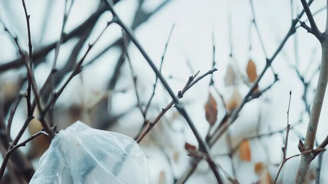 Transparent plastic bag entangled in bare tree branches, highlighting environmental pollution and littering issue with discarded waste impacting ecology in outdoor natural setting