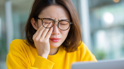 A woman experiencing eye discomfort or strain, touching her eye while looking at a device.