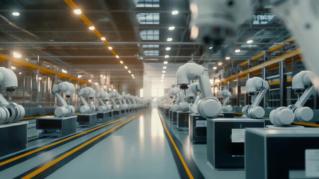 Modern white robotic arm operating in an automated smart factory, symbolizing advanced manufacturing, precision engineering, and industrial automation for efficient future production processes