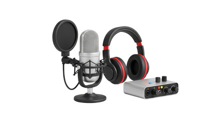 Professional recording studio equipment with microphone and headphones isolated on transparent background