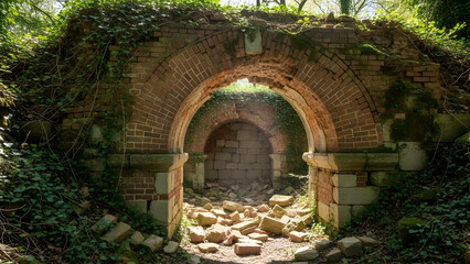 Fototapeta premium Ancient brick archway overgrown with ivy and foliage, a forgotten historical ruin