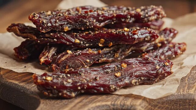 Close up of seasoned beef jerky on parchment paper