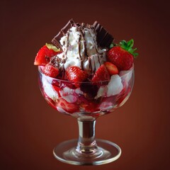 Strawberry chocolate ice cream sundae with whipped cream and syrup in glass dessert bowl