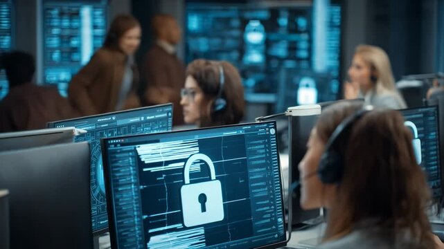 Medium shot of an instant messaging security system in use encrypting conversations to maintain privacy and prevent data leaks in a corporate environment.