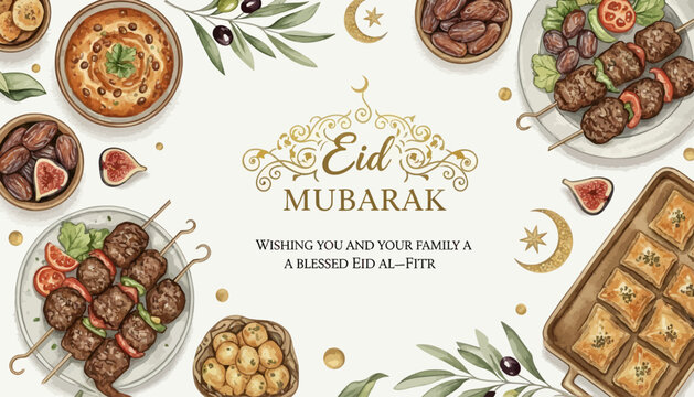 Vibrant Eid al Fitr celebration with traditional Eid food and festive feast, a Muslim family's joyful gathering and Eid Mubarak wishes