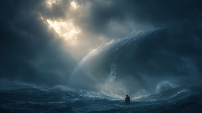 Jonah and the Whale A giant sea creature surfacing in stormy waters as Jonah emerges into dramatic ocean light