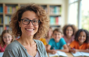 Obraz premium Smiling female teacher leads diverse group of young students in classroom. Children learn and write at desks with books and pens. Bookshelves in background.