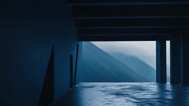 Brutalist architecture features stark concrete forms and geometric cuts, providing a modern frame for the expansive, moody mountainous landscape shrouded in atmospheric mist and dark clouds