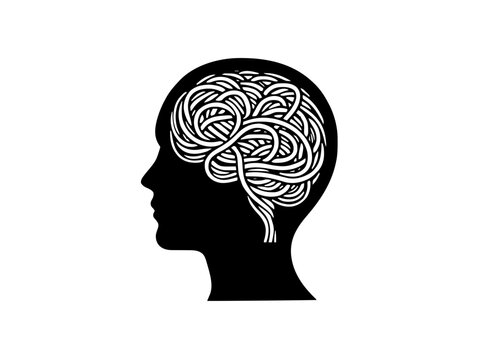 Ein Kopf mit verschlungenen Linien als Symbol f&uuml;r Gedankenchaos. Modernes Motiv f&uuml;r Achtsamkeits- oder Therapier&auml;ume.KI Generiert