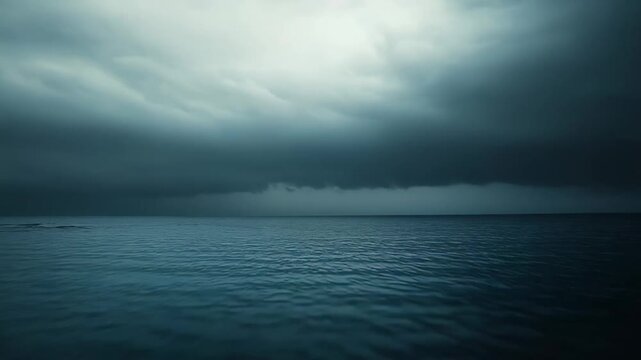 Dark storm clouds gathering above the deep blue ocean, creating a moody and dramatic seascape with a strong natural weather phenomenon conveying a sense of foreboding elements and potential tempest