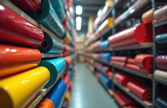 Rolls of colored vinyl film stacked on shelves in a warehouse. Materials for interior decoration, car wraps, and advertising graphics production.