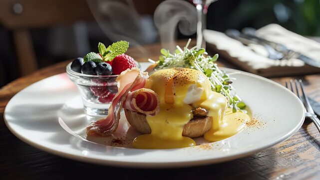 Gourmet meal presentation with eggs benedict and fresh fruit arrangement