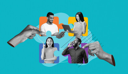 Naklejka premium A collage displays four people engaged in different activities. They use devices and communicate with each other. Different colors highlight each individual while hands connect them.
