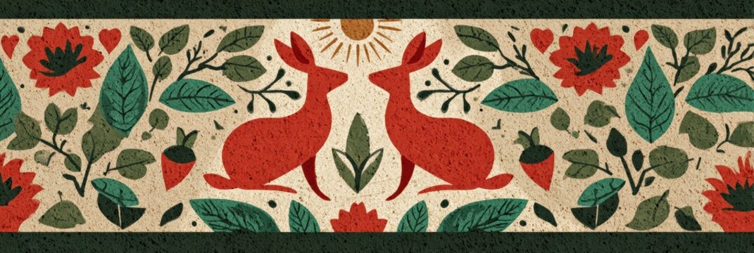 scandinavian folk postcard, symmetric, block-printed pattern with stylized hares, heart-shaped leaves, and sun motifs in muted tones creates scandinavian style postcard template with a large, clean