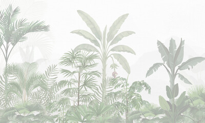 Watercolor Tropical Wall Mural Mockup with Soft Botanical Leaves in Neutral Scandinavian Interior Background