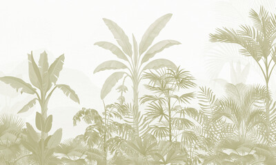 Watercolor Tropical Wall Mural Mockup with Soft Botanical Leaves in Neutral Scandinavian Interior Background