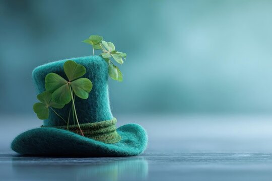 Green Top Hat with Four-Leaf Clover on Teal Background St. Patricks Day