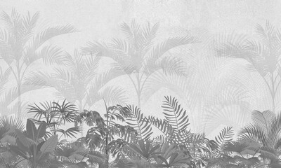 Watercolor Tropical Wall Mural Mockup with Soft Botanical Leaves in Neutral Scandinavian Interior Background