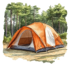 Camping Tent Summer Forest, clipart watercolor vector, isolated on a white background.