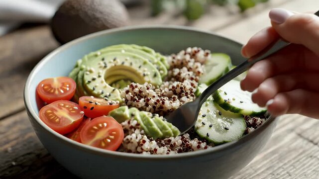 Healthy food bowl with avocado tomato and quinoa on wooden table