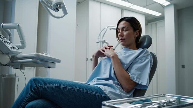Stressed woman nervously waiting for dentist appointment in a modern dental clinic