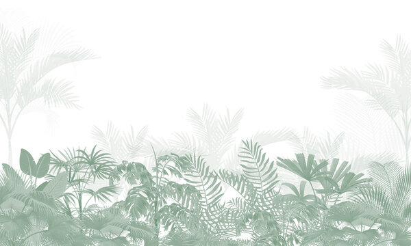 Watercolor Tropical Wall Mural Mockup with Soft Botanical Leaves in Neutral Scandinavian Interior Background