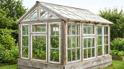 Small greenhouse made from repurposed windows surrounded by lush greenery. This charming greenhouse showcases a sustainable design with an inviting atmosphere for gardening enthusiasts.