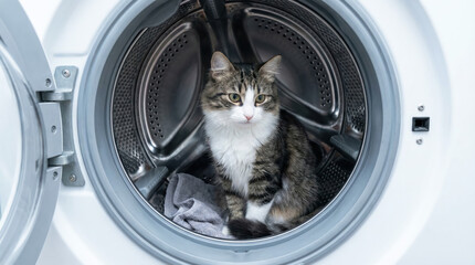 Cat sitting inside washing machine drum with laundry. Curious feline comfortably seated within laundry appliance, surrounded by clothes.