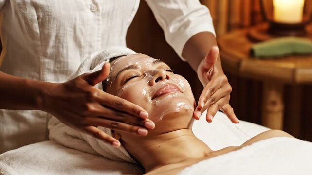 Relaxing facial treatment in a serene spa setting a woman enjoys a rejuvenating skincare therapy with a cooling mask and gentle massage for ultimate wellness