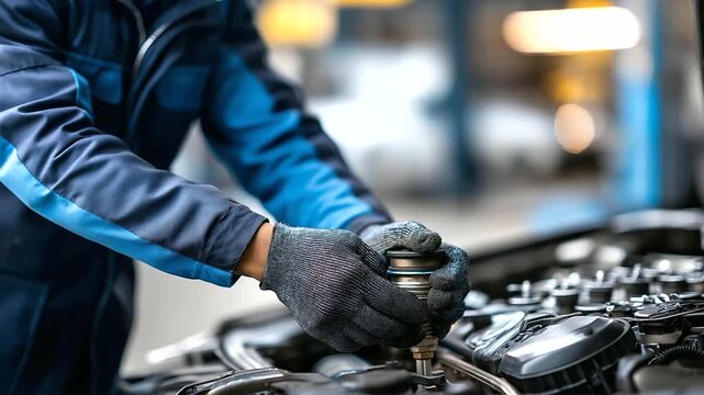 Faceless mechanic working on car engine wearing gloves and blue jacket, automotive repair with protective equipment, professional maintenance, with copy space