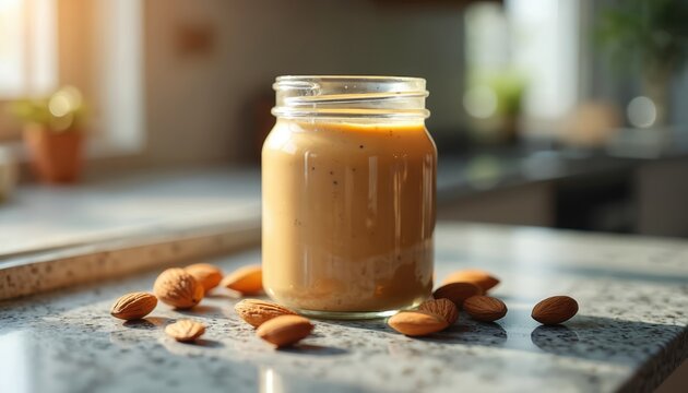 Glass jar of creamy nut butter sits on a kitchen counter surrounded by almonds. Natural light illuminates the spread, perfect for healthy breakfast or snack.