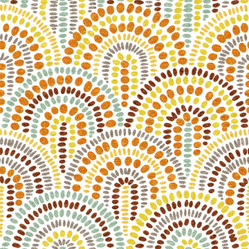Seamless retro geometric pattern. Hand drawn dotted arches in warm earthy tones. Bold boho ornament with rhythmic repeat. Vector illustration for fabric and wallpaper.