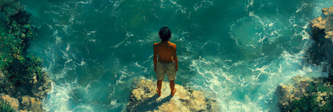 Dramatic overhead view of lone figure standing on coastal cliff edge, gazing down into powerful, deep turquoise ocean waves crashing below, rendered in cinematic digital painting style.