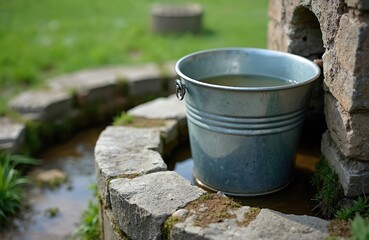 Naklejka premium Metal bucket filled with water rests on stone structure of old well in rural European village. Green grass and natural landscape background. Fresh clean resource from ground.