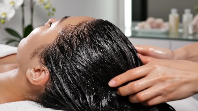 Relaxing hair mask treatment at a luxury spa close-up of a woman receiving a nourishing scalp massage with moisturizing product for healthy hair