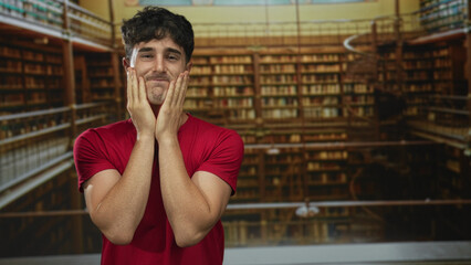 Man in red t shirt clasping hands at chin among tall bookshelves in library, eyes closed and smiling softly  contemplation. © Krakenimages.com