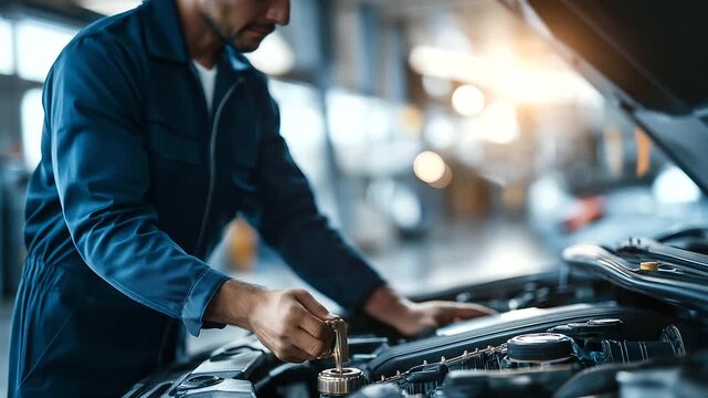 Faceless mechanic working on car engine, automotive repair activity, engine maintenance scene, vehicle servicing work, with copy space