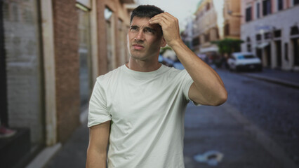 Fototapeta premium Young hispanic man grimacing and touching his cheek for toothache on a cobblestone city street; discomfort.