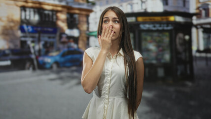 Fototapeta premium Young woman covers her mouth with hand on a crowded street, white dress and braces visible in a candid closeup; surprise discovery.
