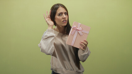 Fototapeta premium Young woman holding pink gift box while cupping ear and looking puzzled, studio shot; curiosity reaction.