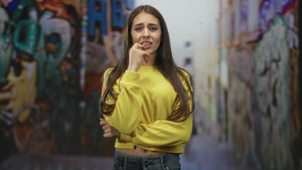 Teenage woman touching temple with two fingers and arms crossed, slight frown, wearing yellow sweater in a graffiti street; pensive uncertainty.