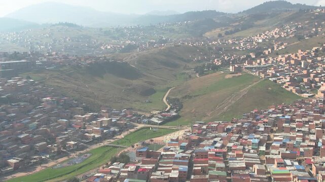 Drone aerial footage of urban city buildings in Bogota