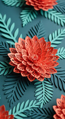Close-up of intricate coral flower paper art with cutout leaf patterns on blue, showcasing delicate design and artistry, ideal for nature concepts