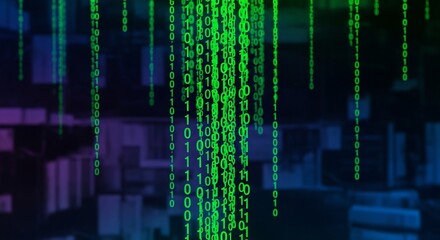 Obraz premium Digital Rain A Vibrant Display of Binary Code Cascading Downward.