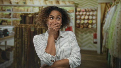 Fototapeta premium Woman covering mouth with hand in shop aisle among fabric bolts and hanging garments in retail store interior; disgust.