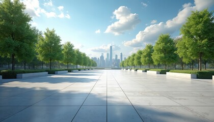 Empty modern plaza with trees, grass, and city skyline. Bright sunny day, clean outdoor space with concrete ground, perfect for urban design.