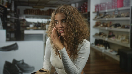 Fototapeta premium Woman young curly hair holding a delivery box, cupping hand to mouth whispering in a shoe store building; playful surprise.