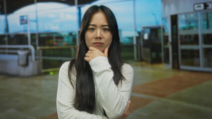 Fototapeta premium Young chinese woman in white shirt extends hands outdoors at airport terminal contemplating travel destination options.