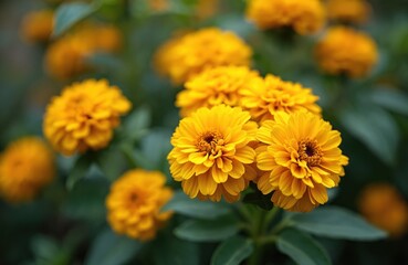 Vibrant yellow marigold flowers bloom with green leaves in soft focus background. Sunny floral garden scene, detailed petals, outdoor nature close-up.